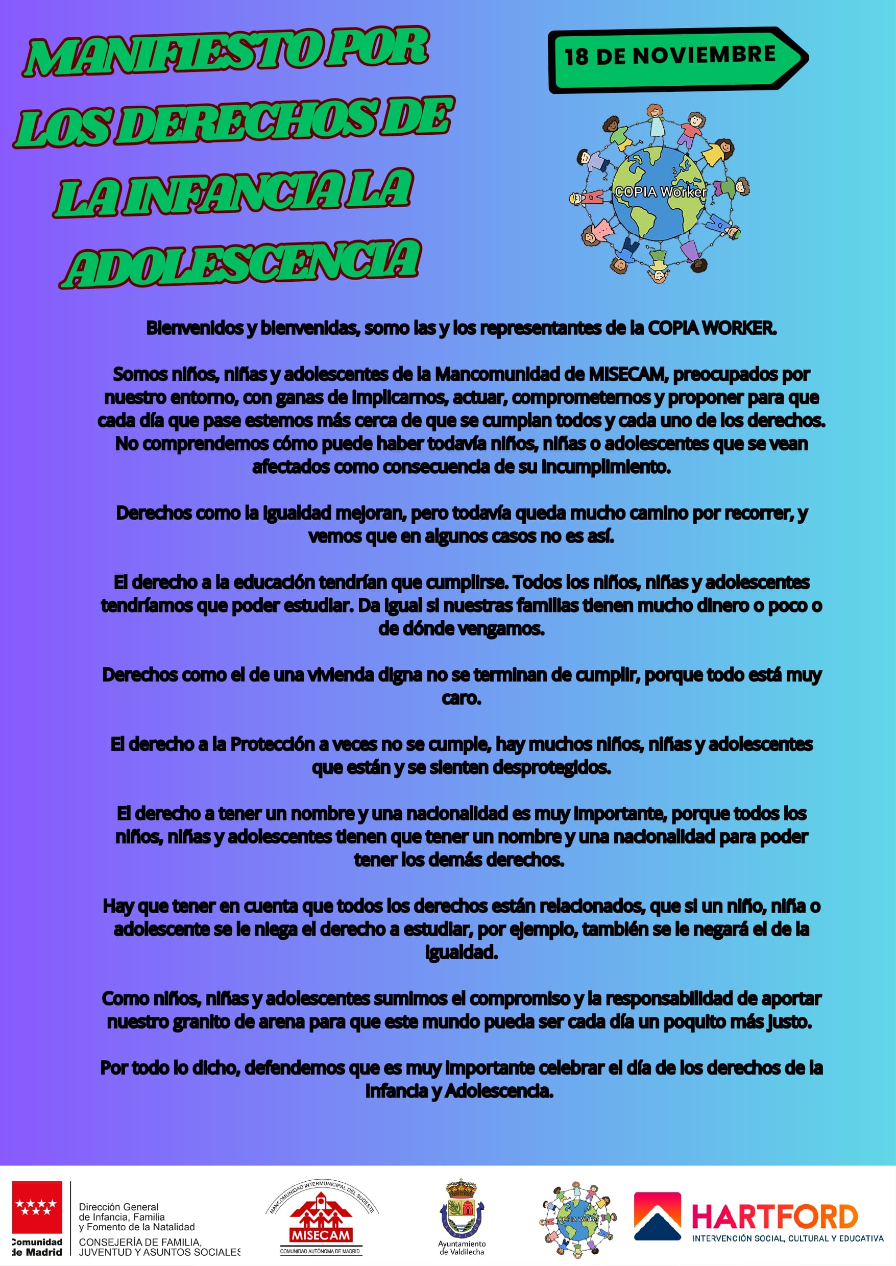 Manifiesto Celebración de los derechos de la infancia adolescencia MISECAM page 0001